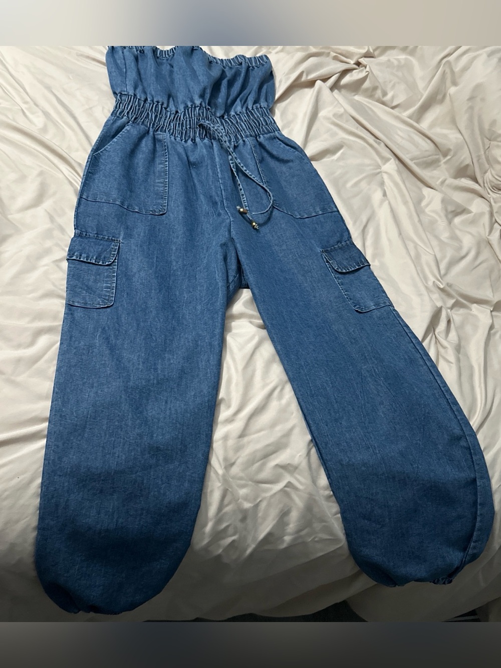 Smocked Waist Denim Cargo Jumpsuit - Blue